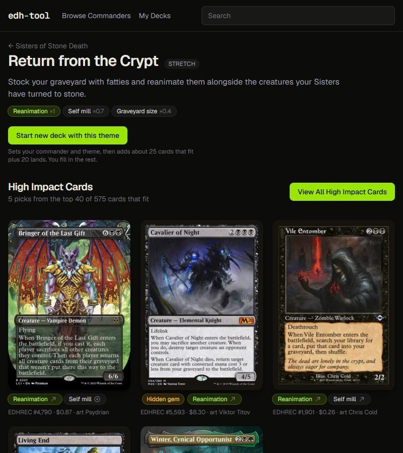 A commander theme with its five high-impact picks; "Hidden gem" marks strong cards outside the popular staples