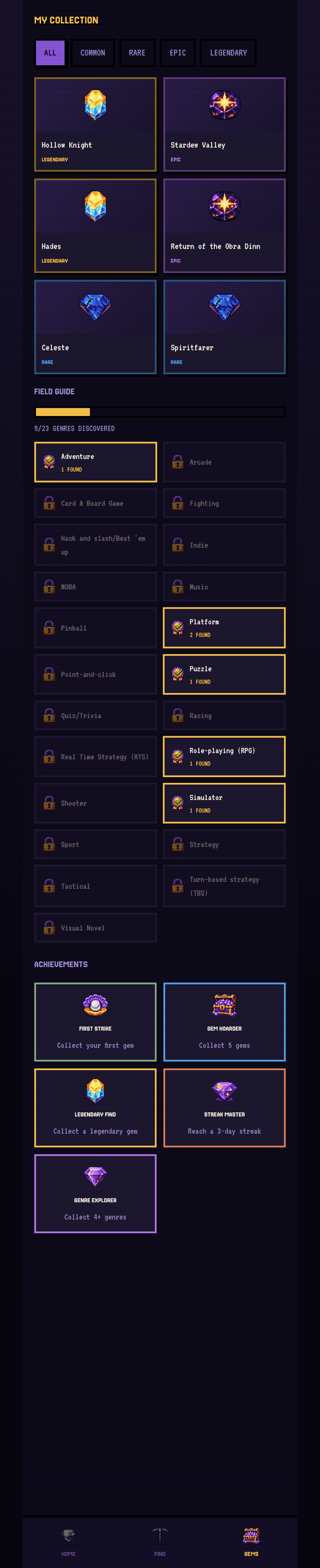 The gem collection with rarity tiers, a genre field guide, and achievements persisted entirely through localStorage
