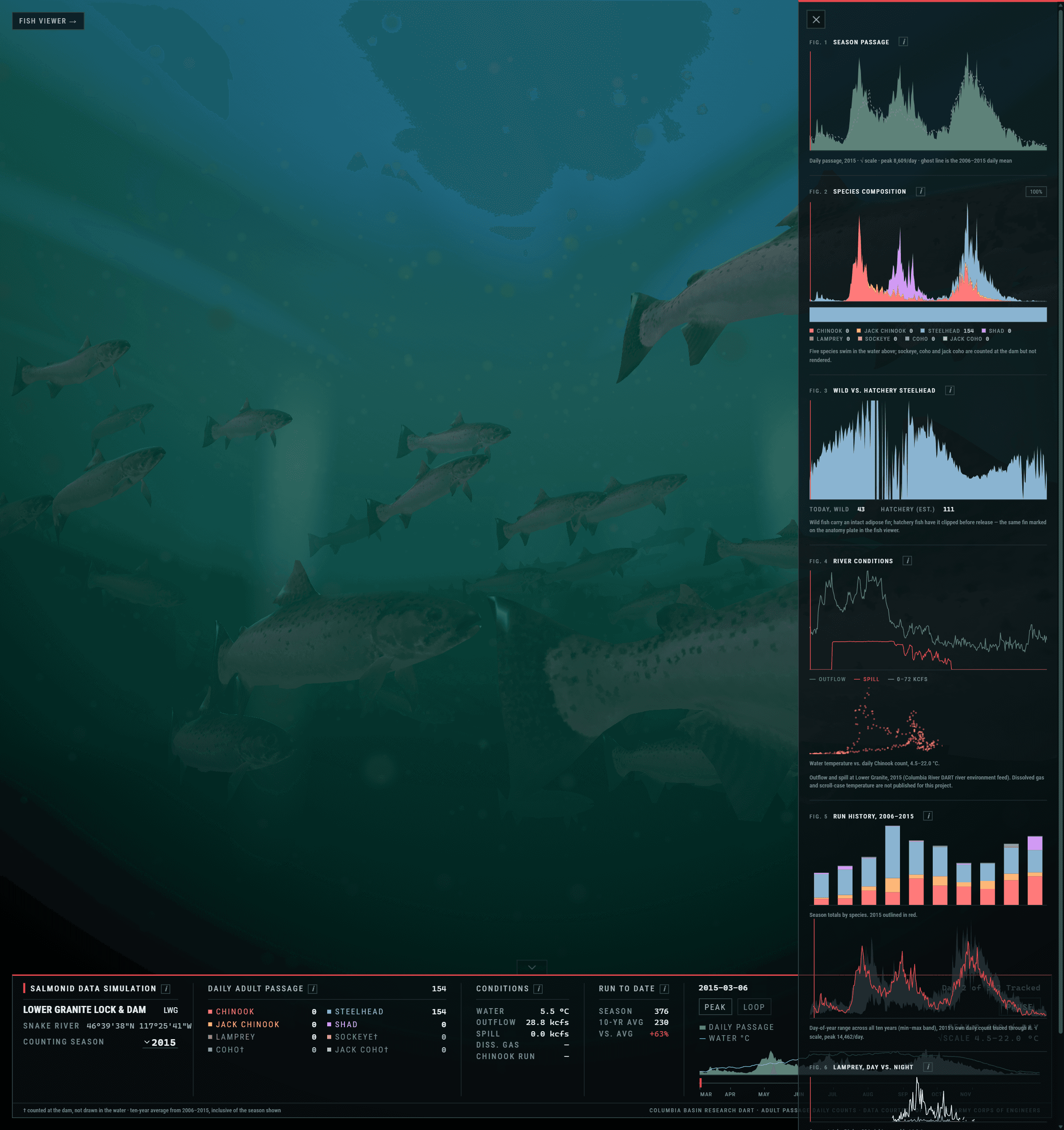 The season drawer against its ten-year mean, species composition, and river conditions
